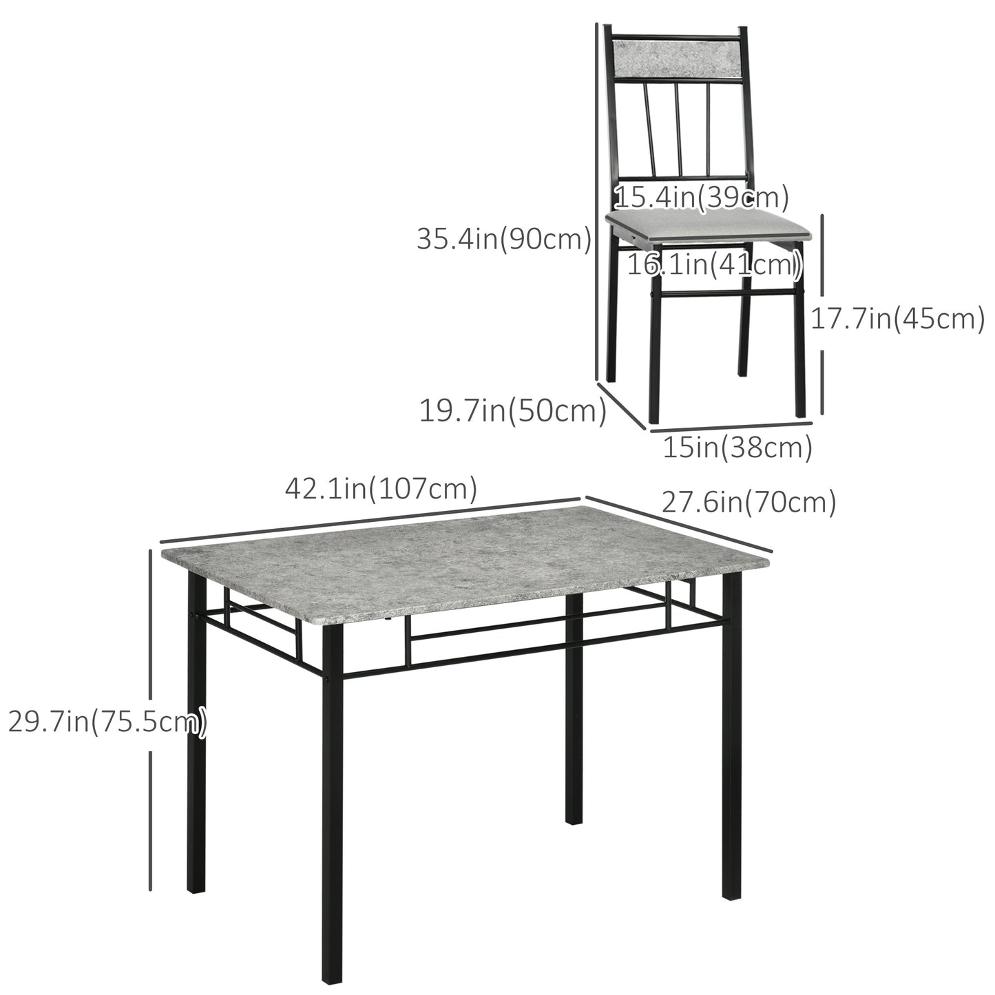 5 Pieces Diner Tables Dining Room Sets for 4 People with Marble Effect Tabletop Padded Chairs and Metal Frame Grey