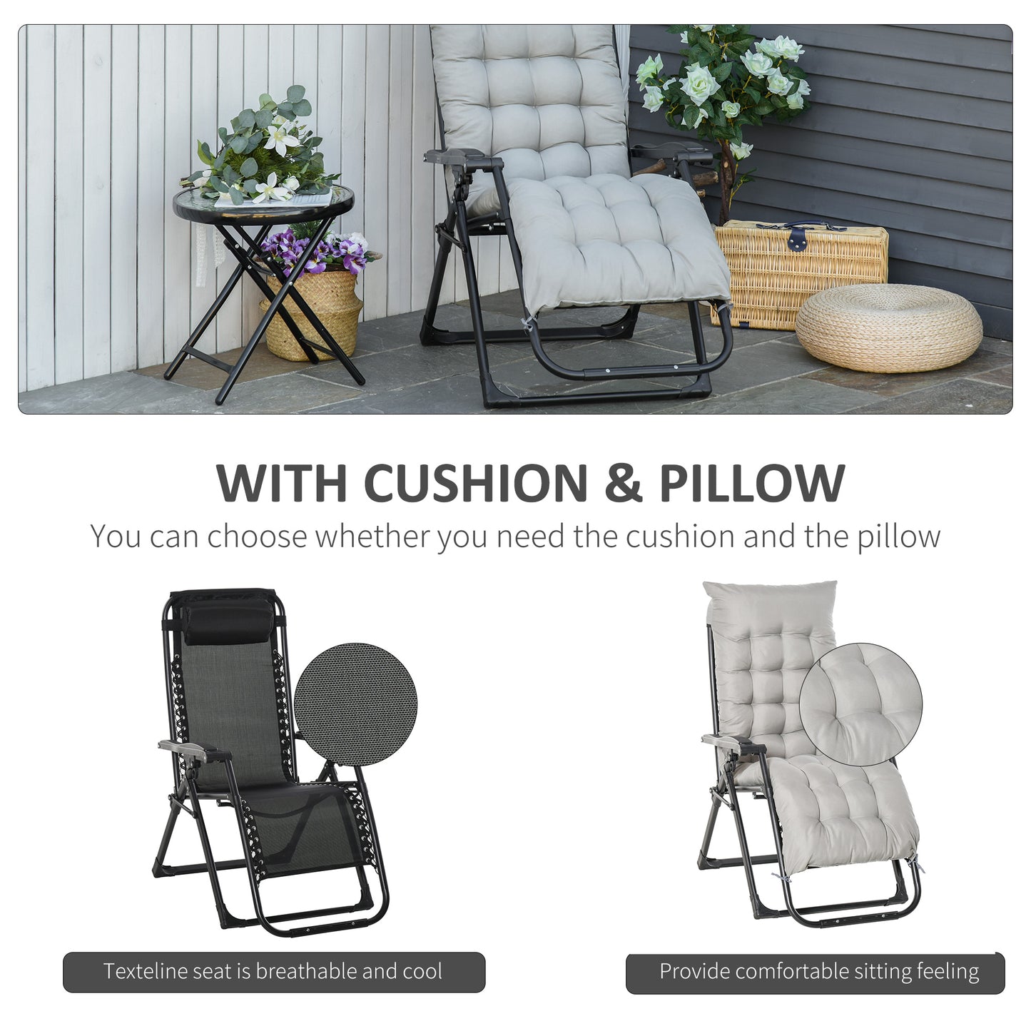 Reclining Zero Gravity Chair with Adjustable Backrest, Folding Garden Sun Lounger, Outdoor Recliner with Removable Cushi