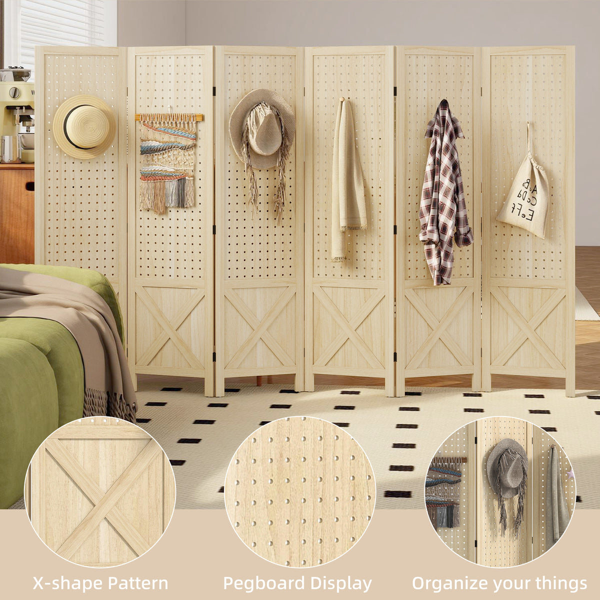 Wooden Room Divider with Pegboard Display, 6 Panel Folding Privacy Screen for Home Office, Natural Wood