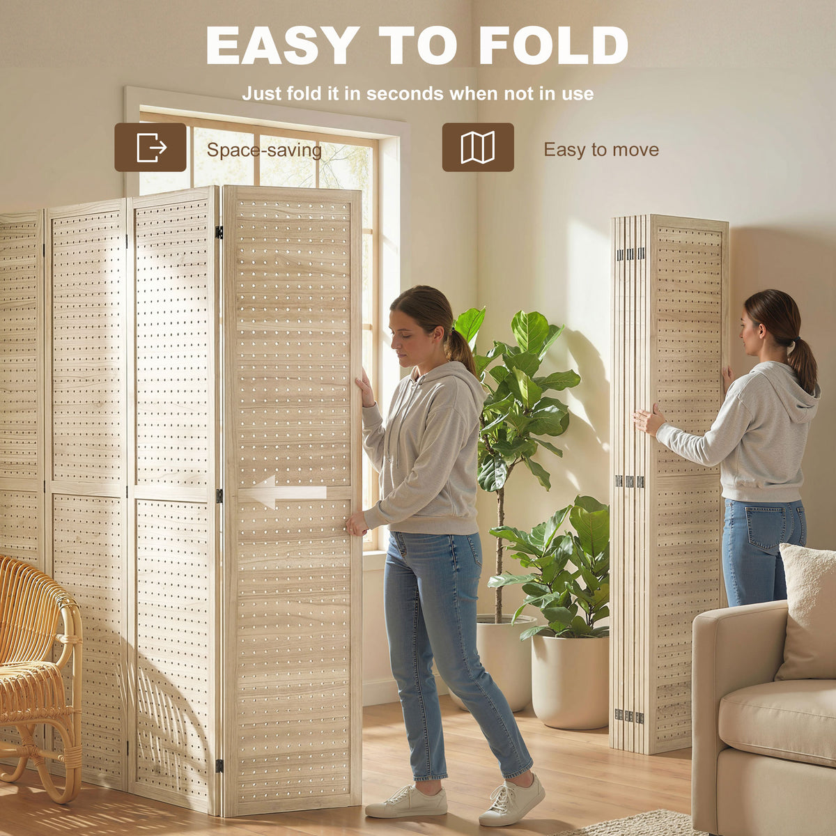 5.6 Ft. Tall 8-Panel Room Divider, Pegboard Panel Folding Privacy Screen, Partition Wall Divider for Bedroom, Natural