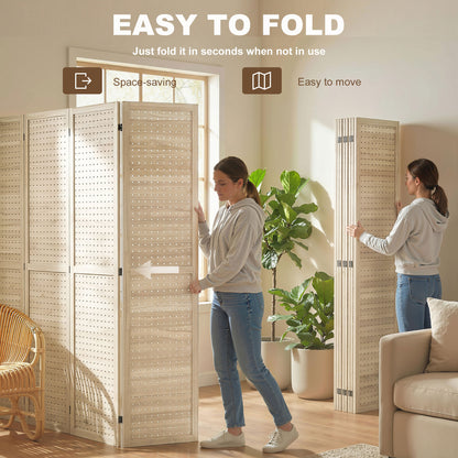 5.6 Ft. Tall 8-Panel Room Divider, Pegboard Panel Folding Privacy Screen, Partition Wall Divider for Bedroom, Natural