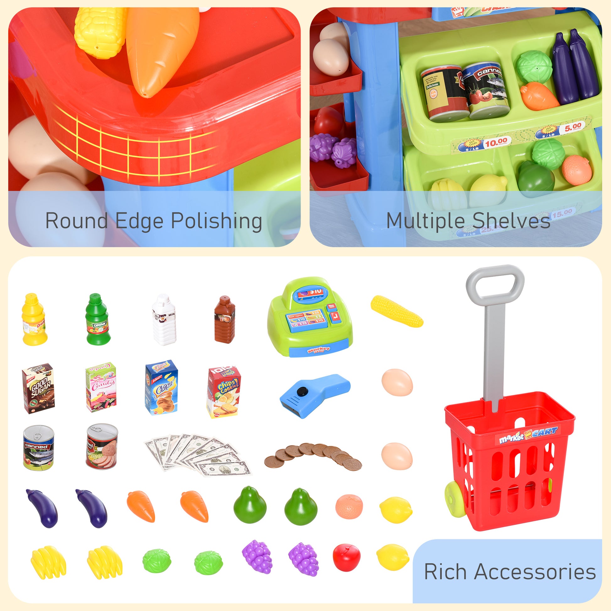 Qaba Kids Supermarket Playset with Cash Register – 50-Piece Grocery Store Pretend Play Toy with Checkout Counter for Boy