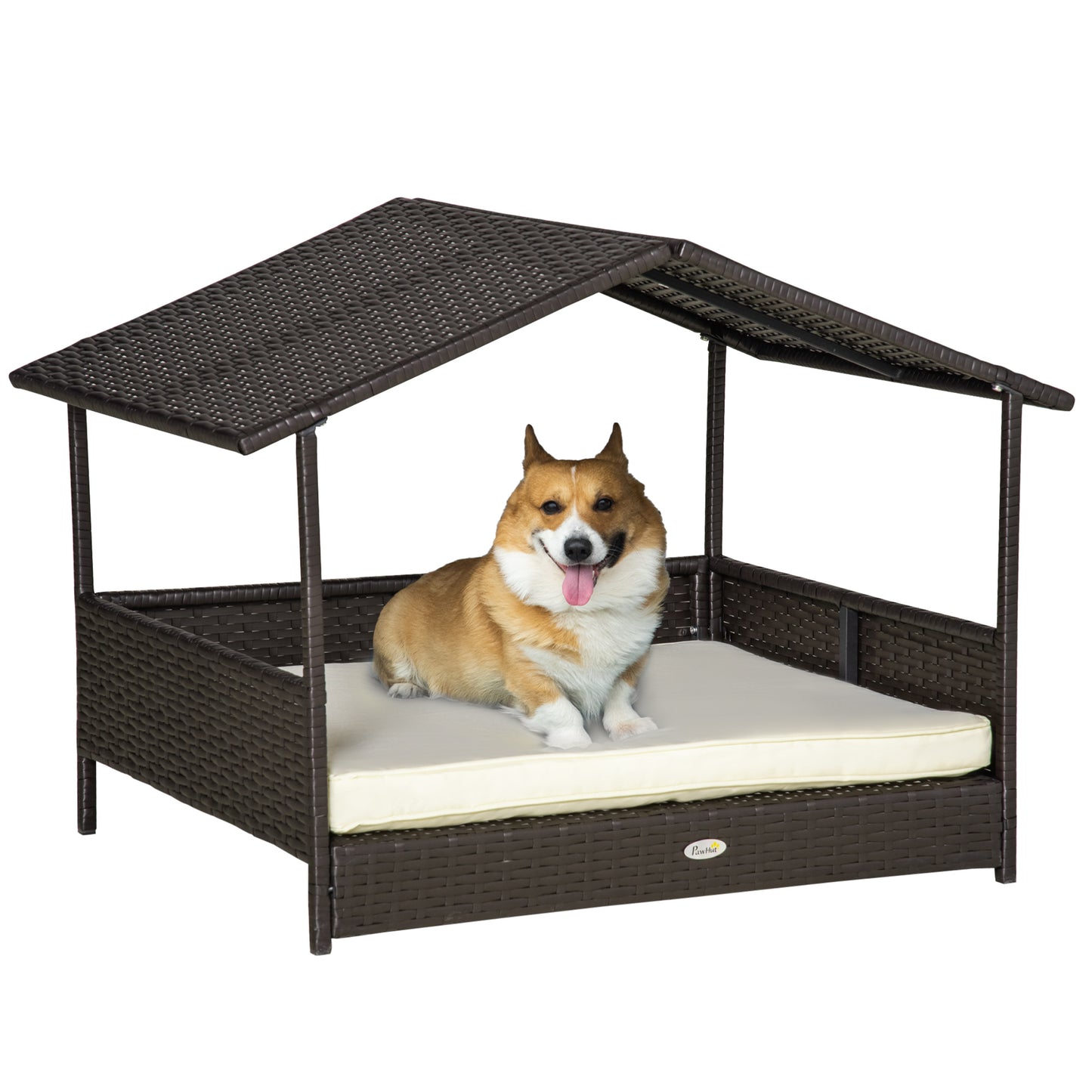 Elevated Rattan Dog House Outdoor with Canopy, Wicker Dog Bed with Water-Resistant Cushion, for Small and Medium Dogs Cr