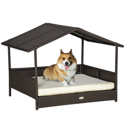 Elevated Rattan Dog House Outdoor with Canopy, Wicker Dog Bed with Water-Resistant Cushion, for Small and Medium Dogs Cr