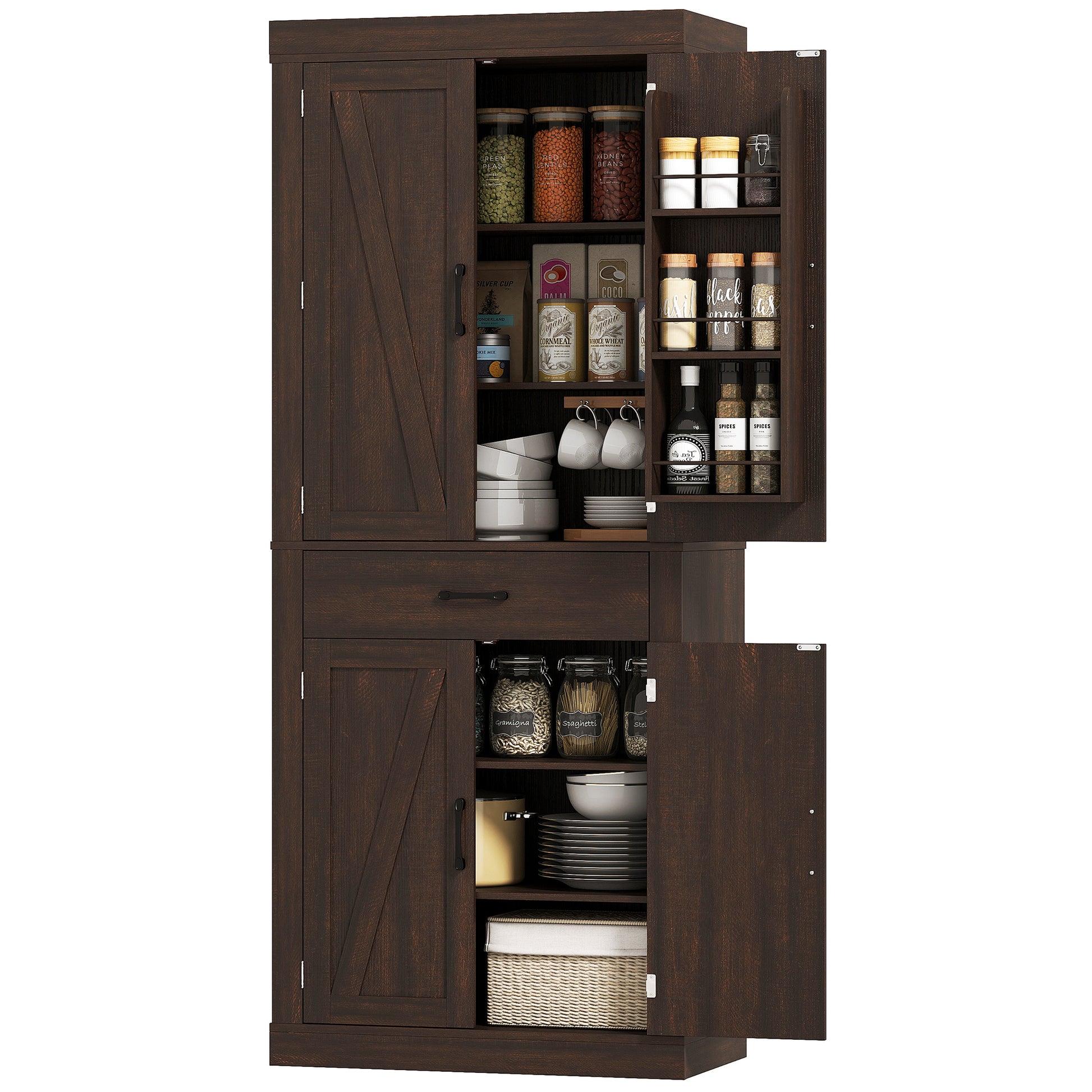 72" Kitchen Pantry Cabinet, Farmhouse Kitchen Storage Cabinet with 4 Barn Doors, 6 Door Shelves, Drawer, Brown