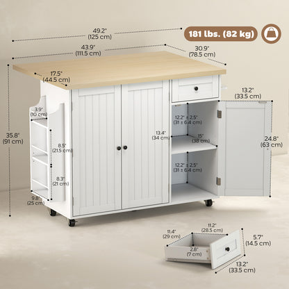 Kitchen Island Cart, Rolling Kitchen Island Table with Drop Leaf, Drawer, Spice and Towel Rack, White