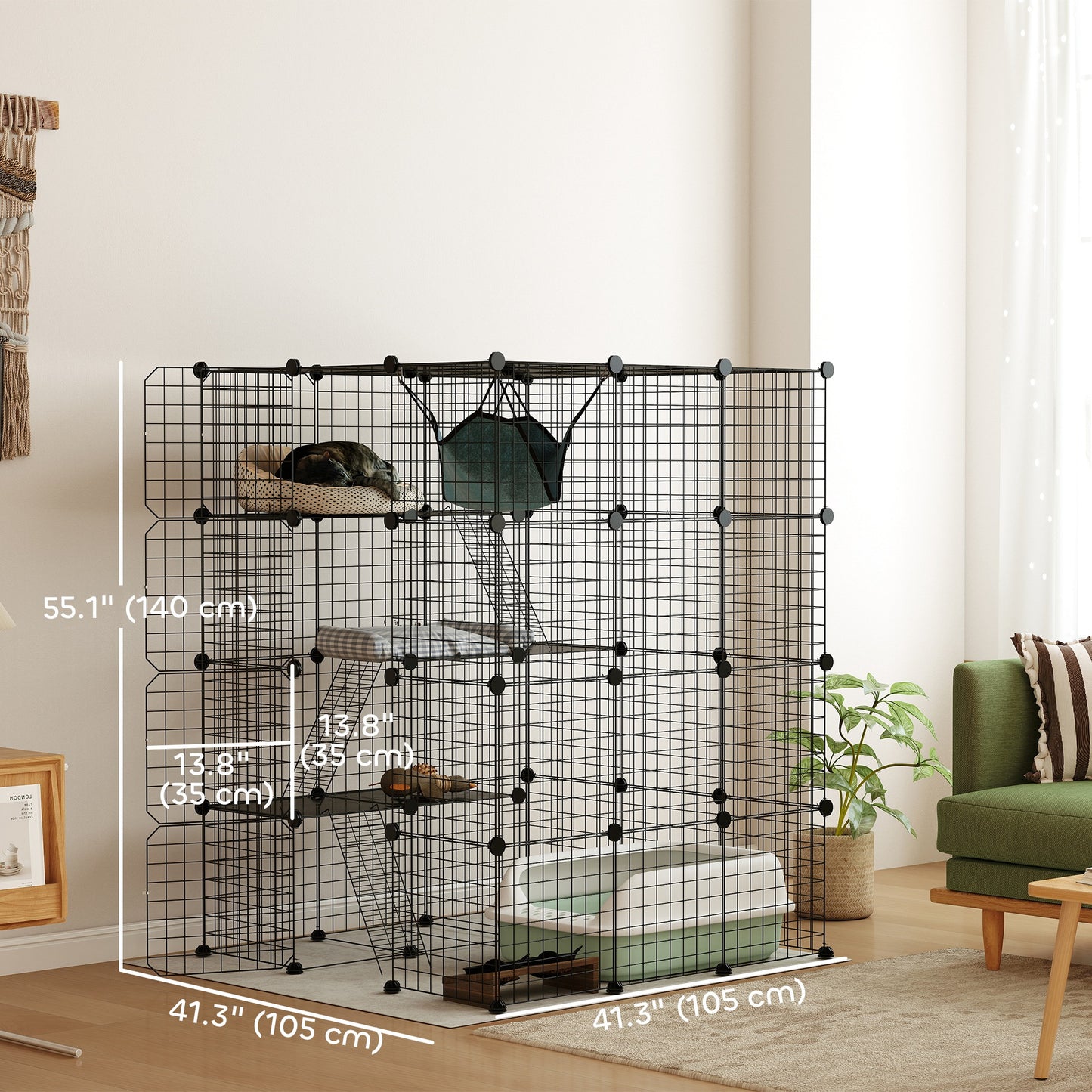 4 Tier DIY Cat Cage Indoor, Catio for 1-3 Cats with Hammock, 5 Doors, 3 Ramps, 3 Jumping Platforms, for 1-3 Cats, Black