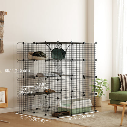 4 Tier DIY Cat Cage Indoor, Catio for 1-3 Cats with Hammock, 5 Doors, 3 Ramps, 3 Jumping Platforms, for 1-3 Cats, Black