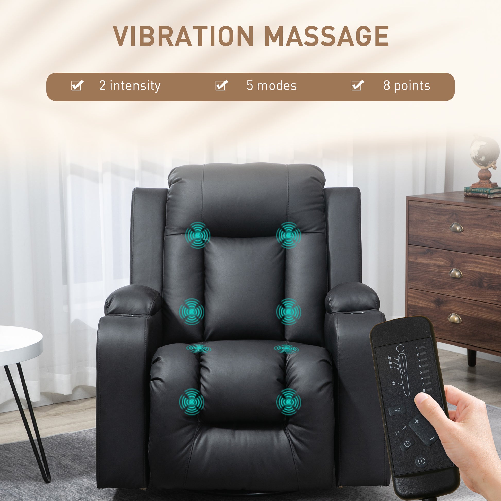 Swivel Massage Recliner Chair Rocker, Overstuffed Manual Reclining Sofa, PU Leather Rocking Chair with Side Pockets, Cup