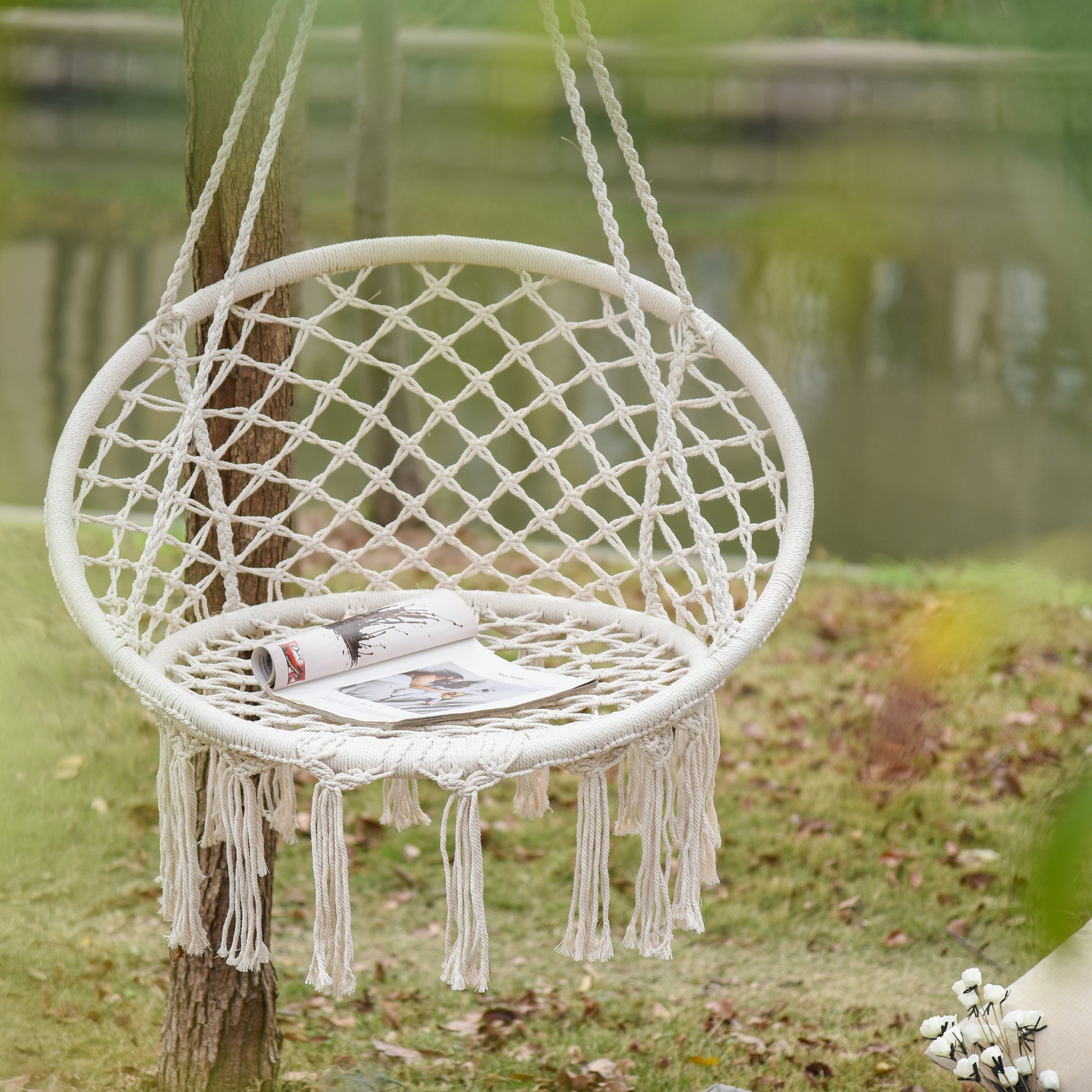 Patio Hammock Chair, Hanging Rope Hammock Swing for Indoor & Outdoor Use with Backrest, Cotton-Polyester Blend, Fringe T