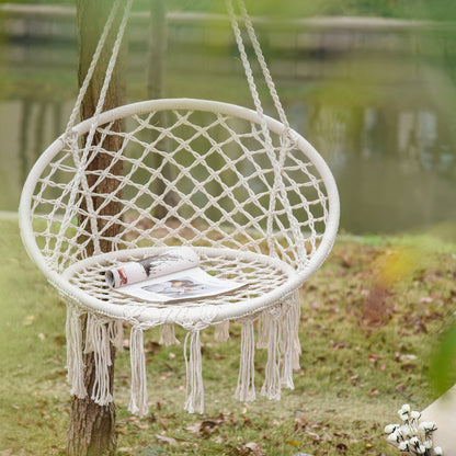 Patio Hammock Chair, Hanging Rope Hammock Swing for Indoor & Outdoor Use with Backrest, Cotton-Polyester Blend, Fringe T