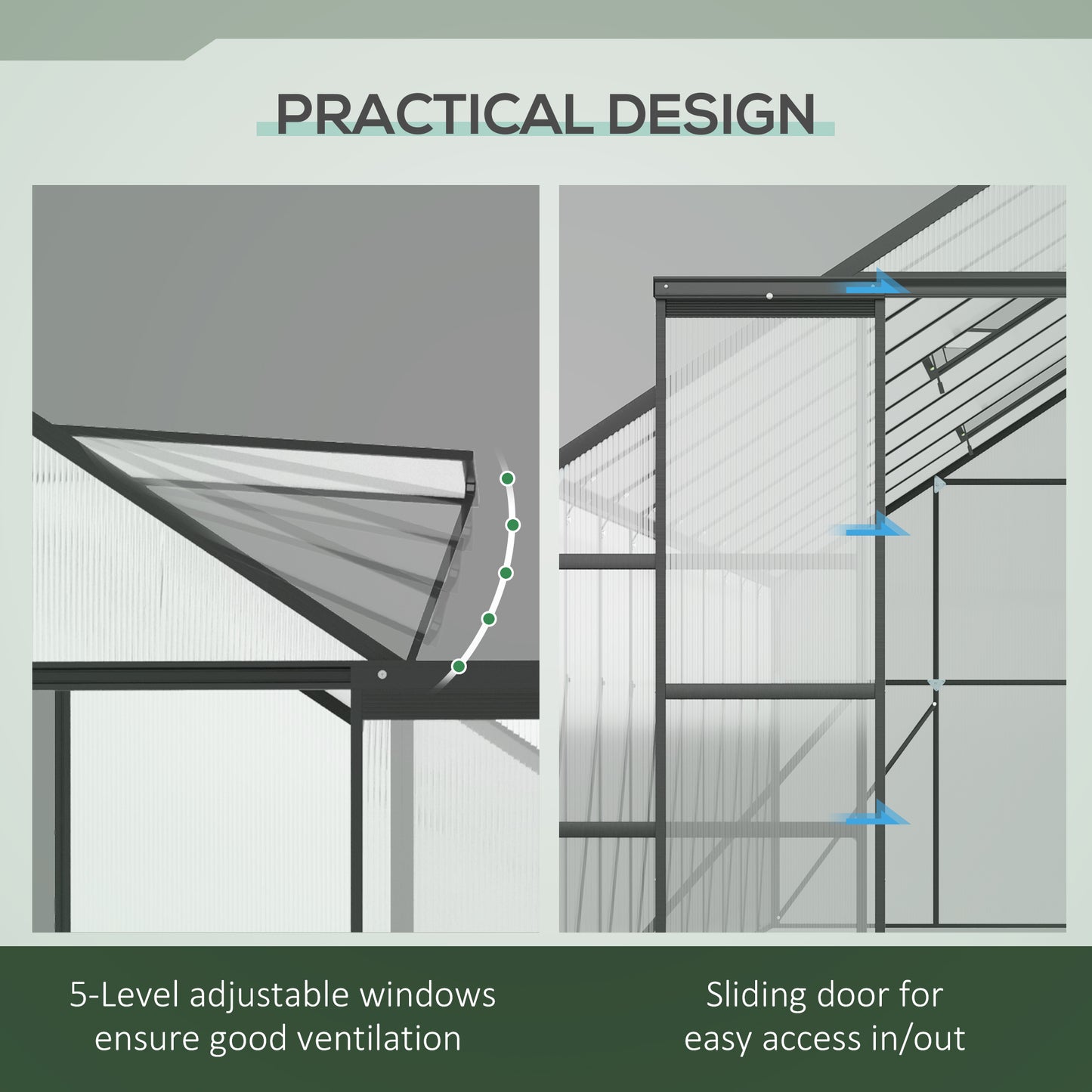 20' x 8' x 6.9' Walk-in Greenhouse with Adjustable Roof Vent, Rain Gutter and Sliding Door for Winter, Large Aluminum Gr