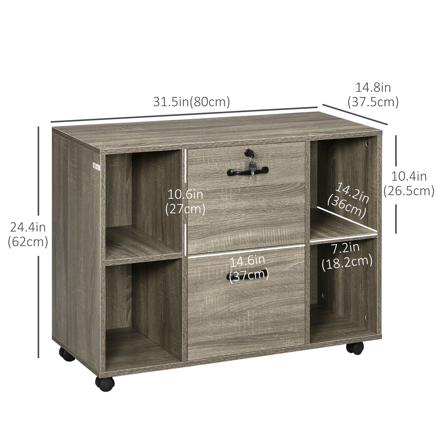 Lateral Filing Cabinet with Wheels and Lockable Drawer, File Cabinet, Mobile Printer Stand with Open Shelves for Letter 