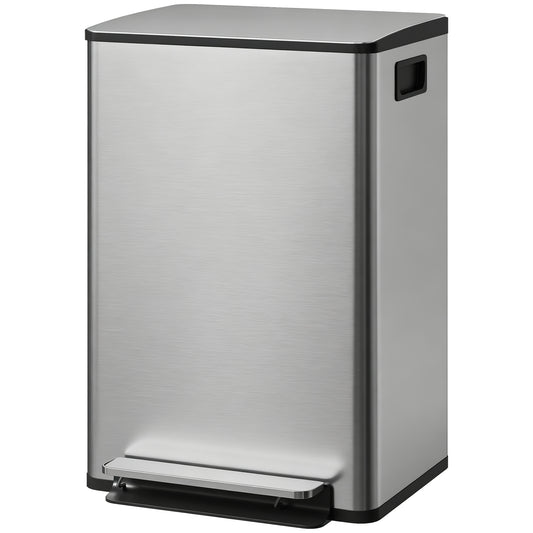 Trash Can with Soft-Close Lid, Garbage Can with Removable Inner Bucket for Kitchen 13.2 gal/50 L, Silver