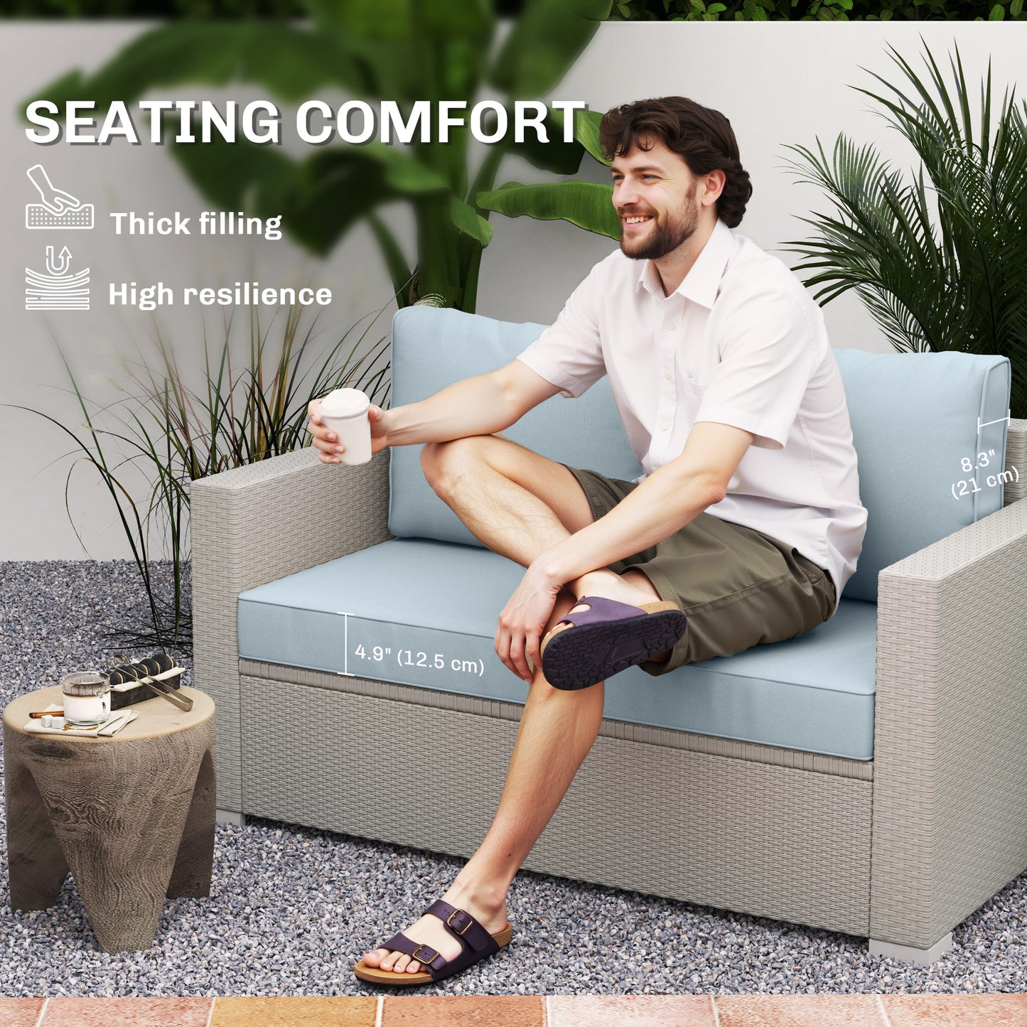 Outdoor Seat Cushions with Backrest, Loveseat Double Sofa Outdoor Furniture Cushions, Light Blue