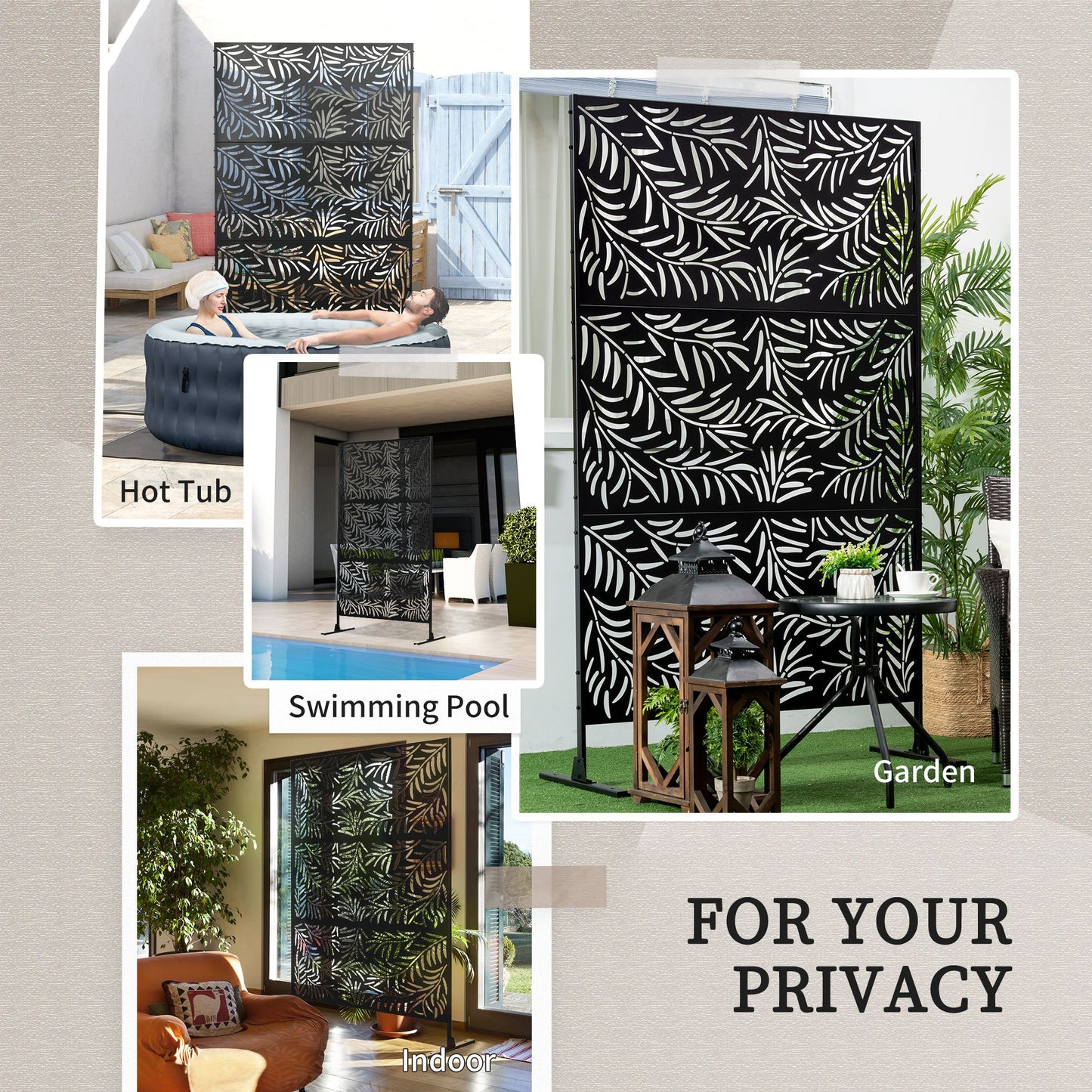Metal Outdoor Privacy Screen, Decorative Outdoor Divider with Stand and Expansion Screws, Freestanding Privacy Panel for
