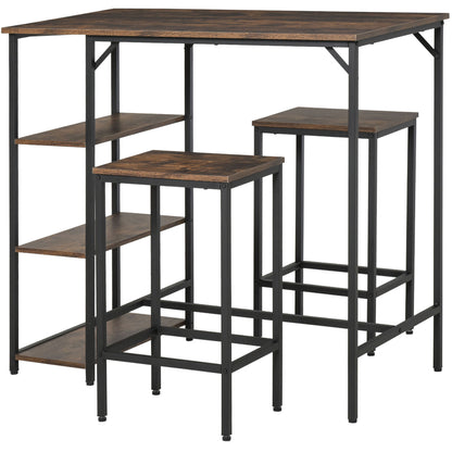 Industrial Dining Table Set for 2, Bar Table and Stools Set, Counter Height Kitchen Table with Chairs with Storage Shelf