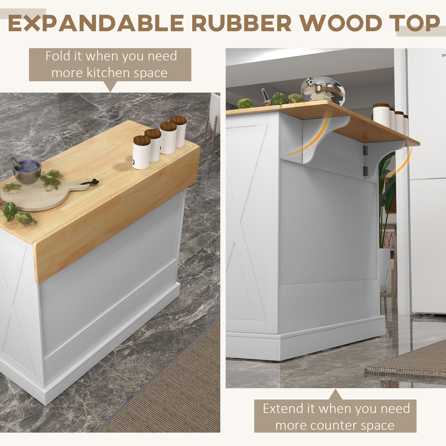 Rolling Kitchen Island with Drop Leaf Wood Breakfast Bar, Farmhouse Kitchen Cart with 2 Drawers, Adjustable Shelves for 