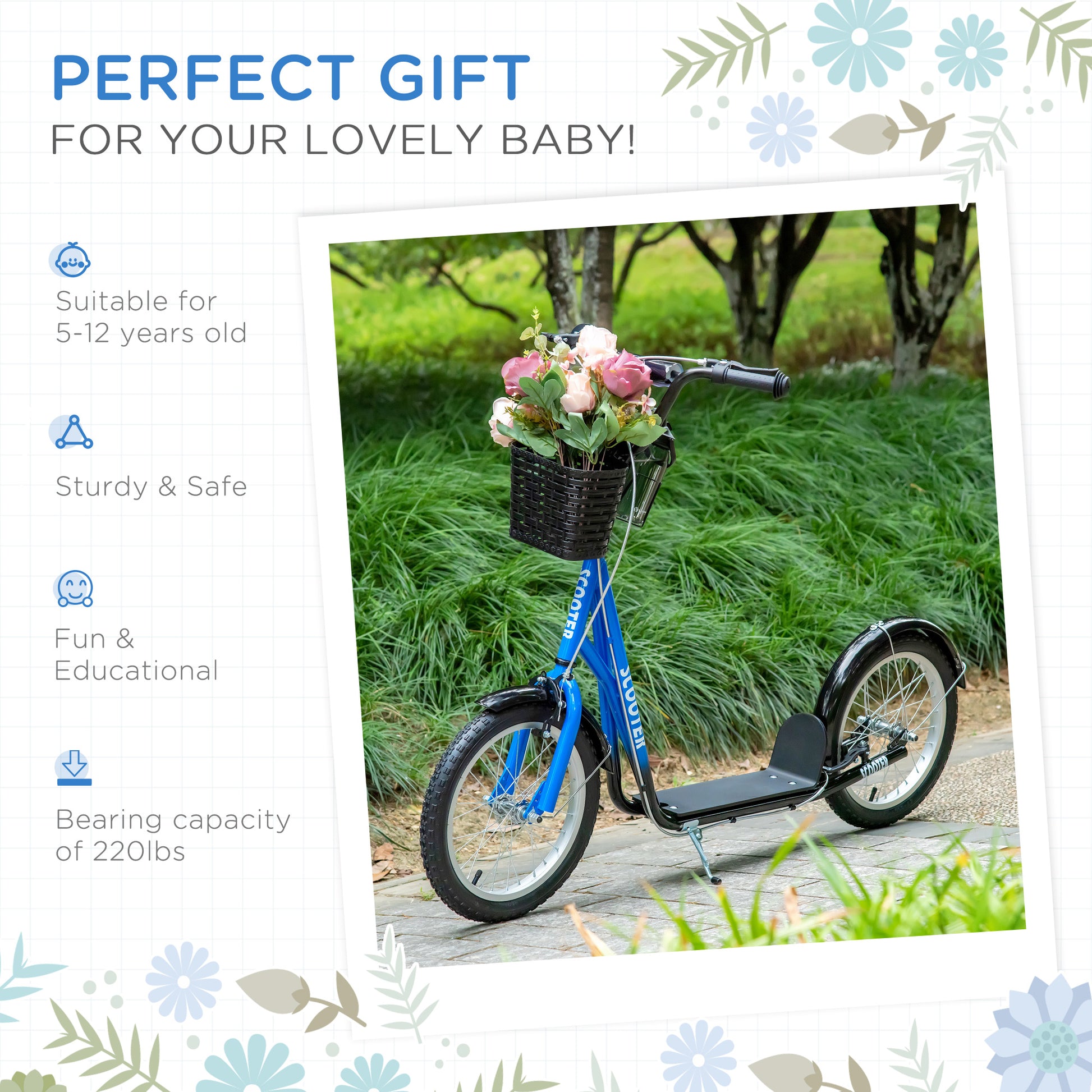 VarietyKart Kick Scooter with Adjustable Handlebar, Kids Scooter with 2 Brakes Basket Cupholder 16" Inflatable Rubber Ty