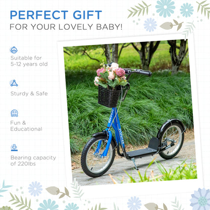VarietyKart Kick Scooter with Adjustable Handlebar, Kids Scooter with 2 Brakes Basket Cupholder 16" Inflatable Rubber Ty