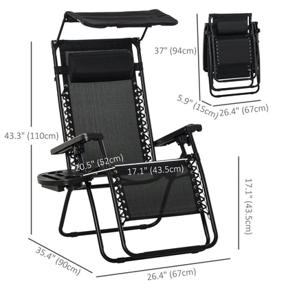 Outdoor Zero Gravity Reclining Lounger Chair with Canopy Shade, Side Tray, Cupholder, Black