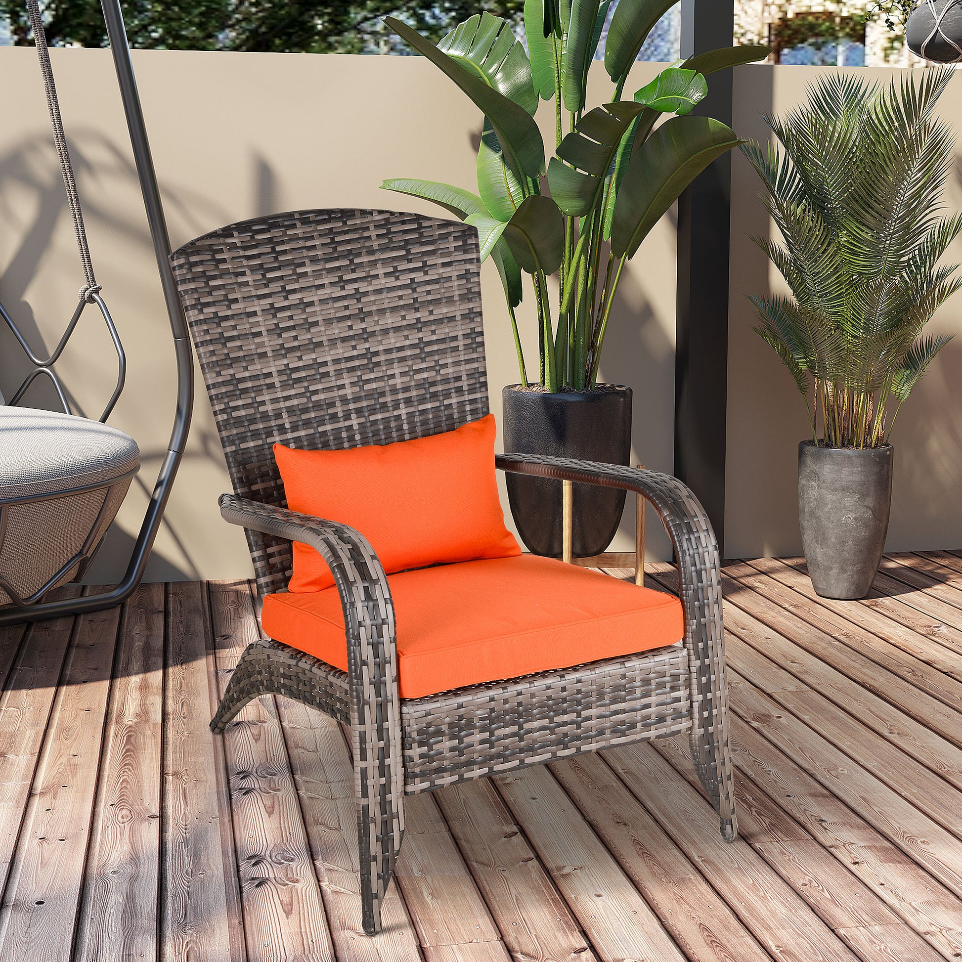 Patio Wicker Adirondack Chair, Outdoor PE Rattan Fire Pit Chair, Muskoka Chair w/ Soft Cushions, Tall Curved Backrest an