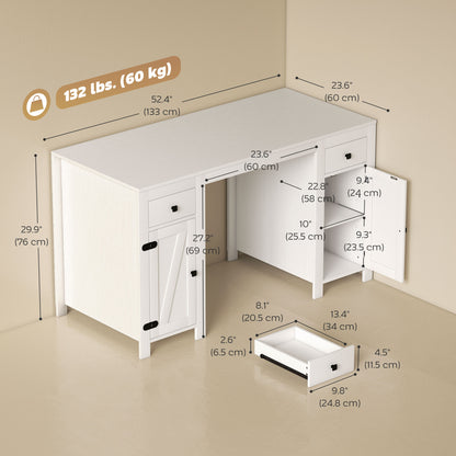 53" Farmhouse Executive Desk, Computer Desk with Drawers and 2 Cabinets, Study Table for Home Office, White Wood Grain