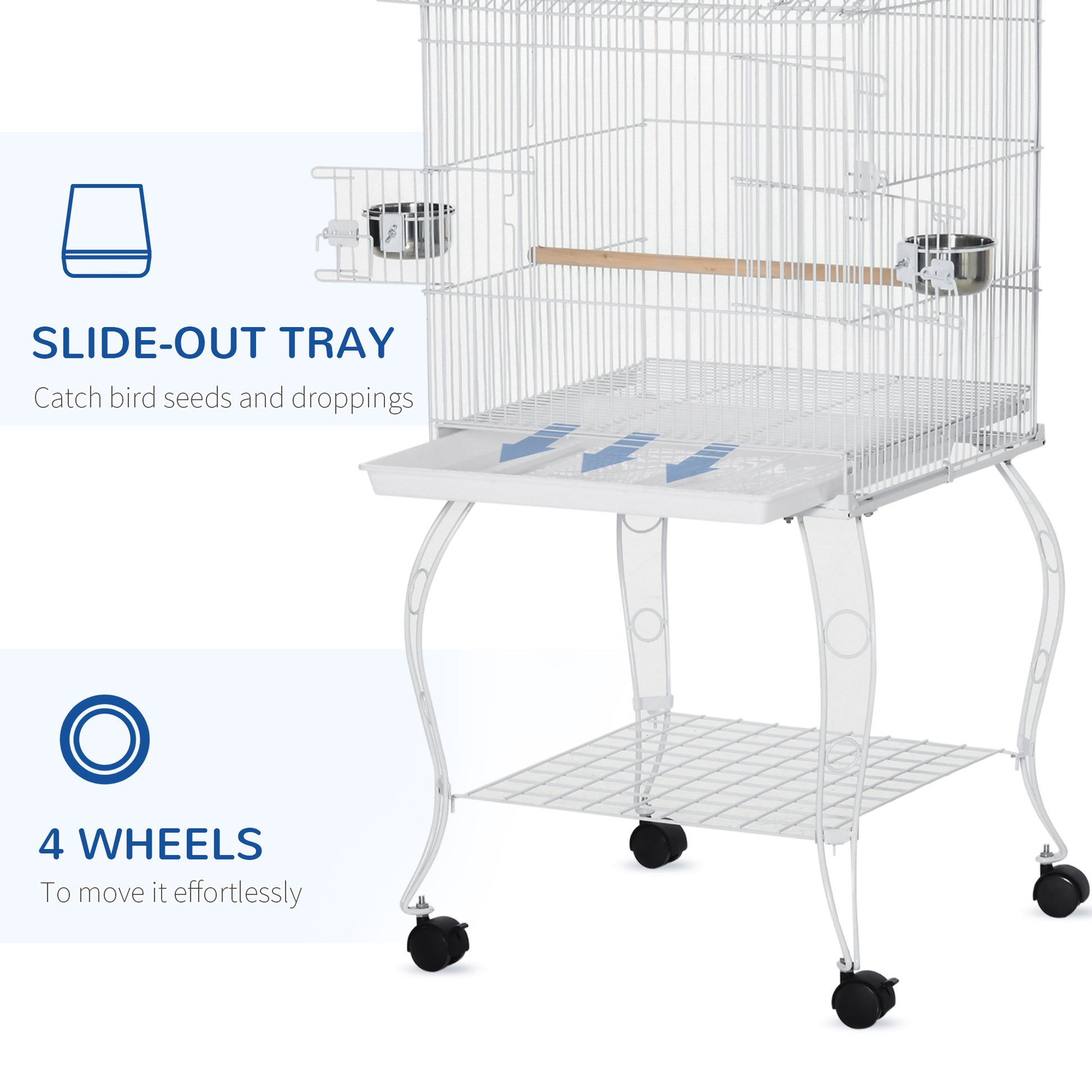53.9'' Large Rolling Steel Bird Cage Bird House with Detachable Rolling Stand, Storage Shelf, Wood Perch, Food Container