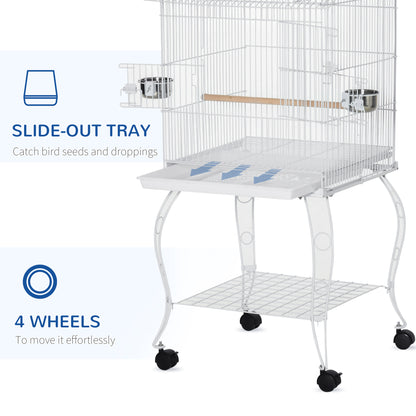 53.9'' Large Rolling Steel Bird Cage Bird House with Detachable Rolling Stand, Storage Shelf, Wood Perch, Food Container