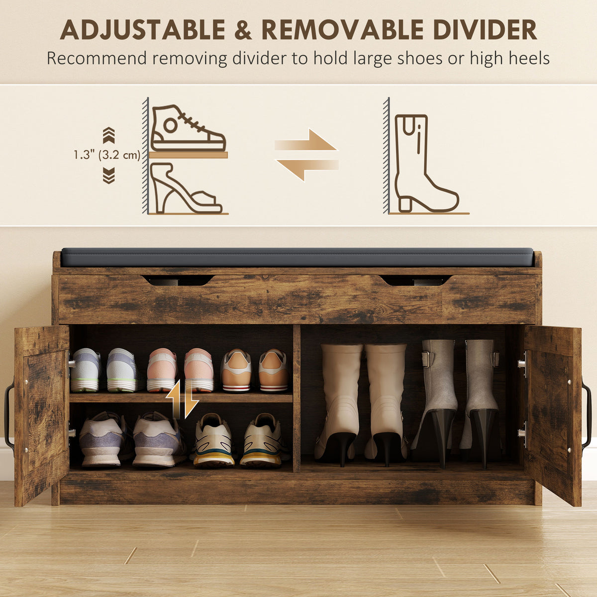 Shoe Storage Bench, Entryway Bench with 2-Tier Cabinet, Flip-Top Storage, Padded Cushion for Hallway, Rustic Brown