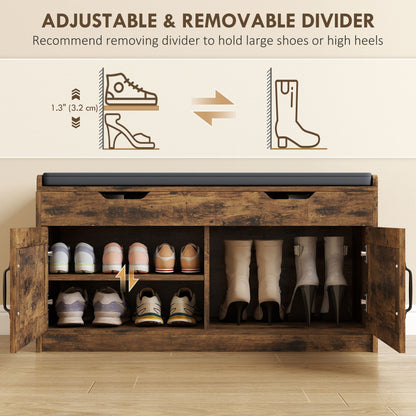 Shoe Storage Bench, Entryway Bench with 2-Tier Cabinet, Flip-Top Storage, Padded Cushion for Hallway, Rustic Brown
