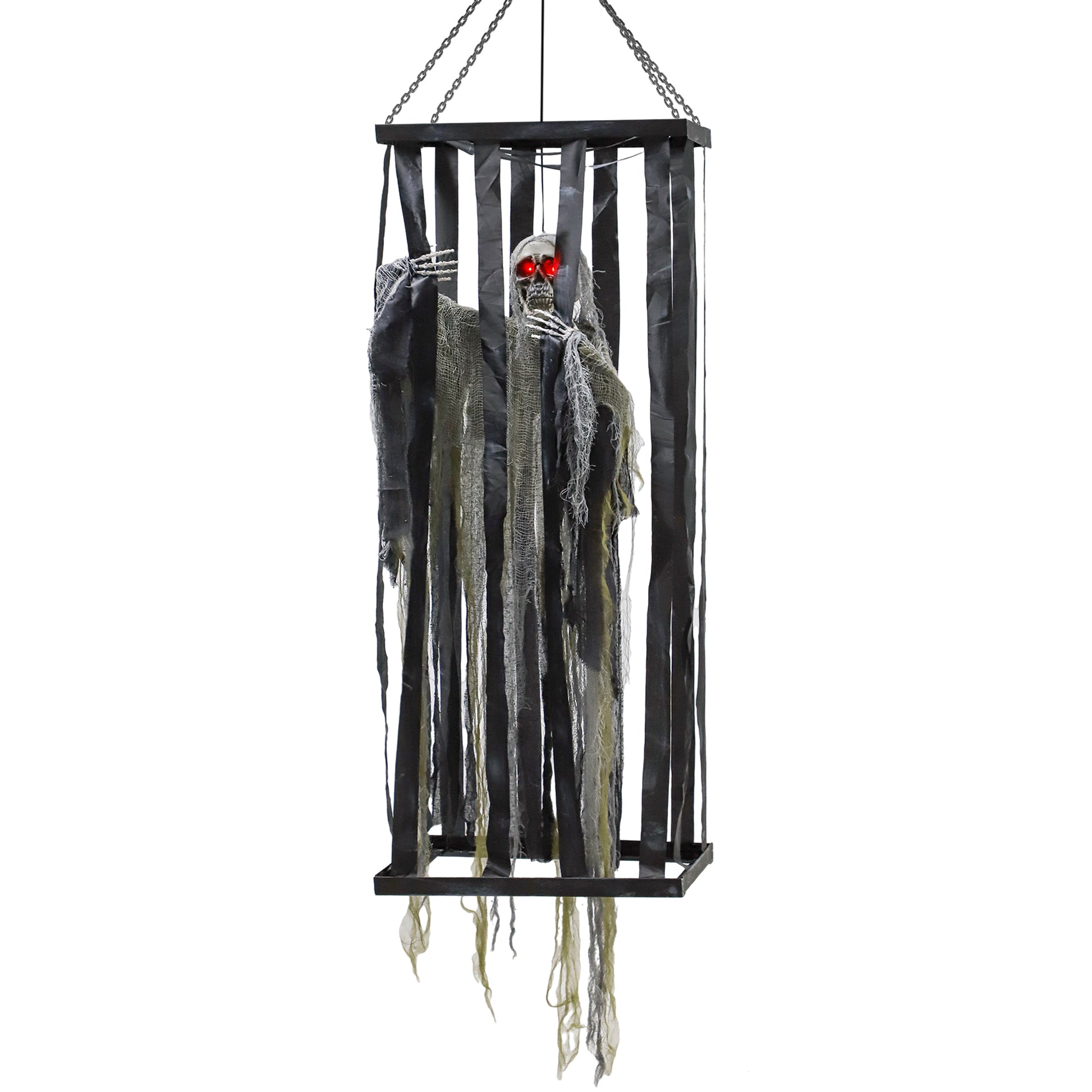 Animatronics Hanging Skeleton Reaper in Cage, Voice-Activated Prop with Flashing Eyes, Easy Setup Indoor
