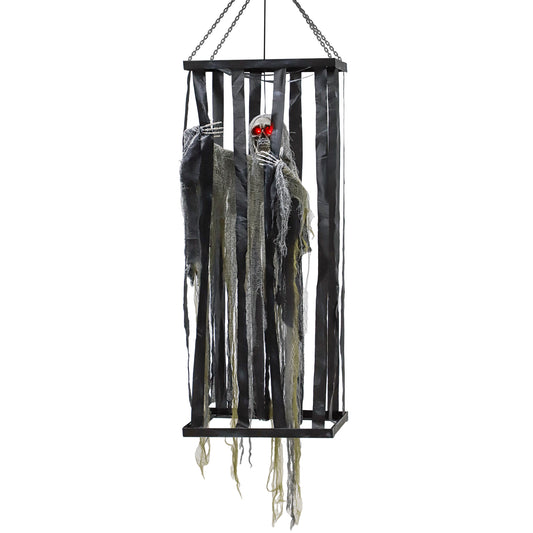 Animatronics Hanging Skeleton Reaper in Cage, Voice-Activated Prop with Flashing Eyes, Easy Setup Indoor