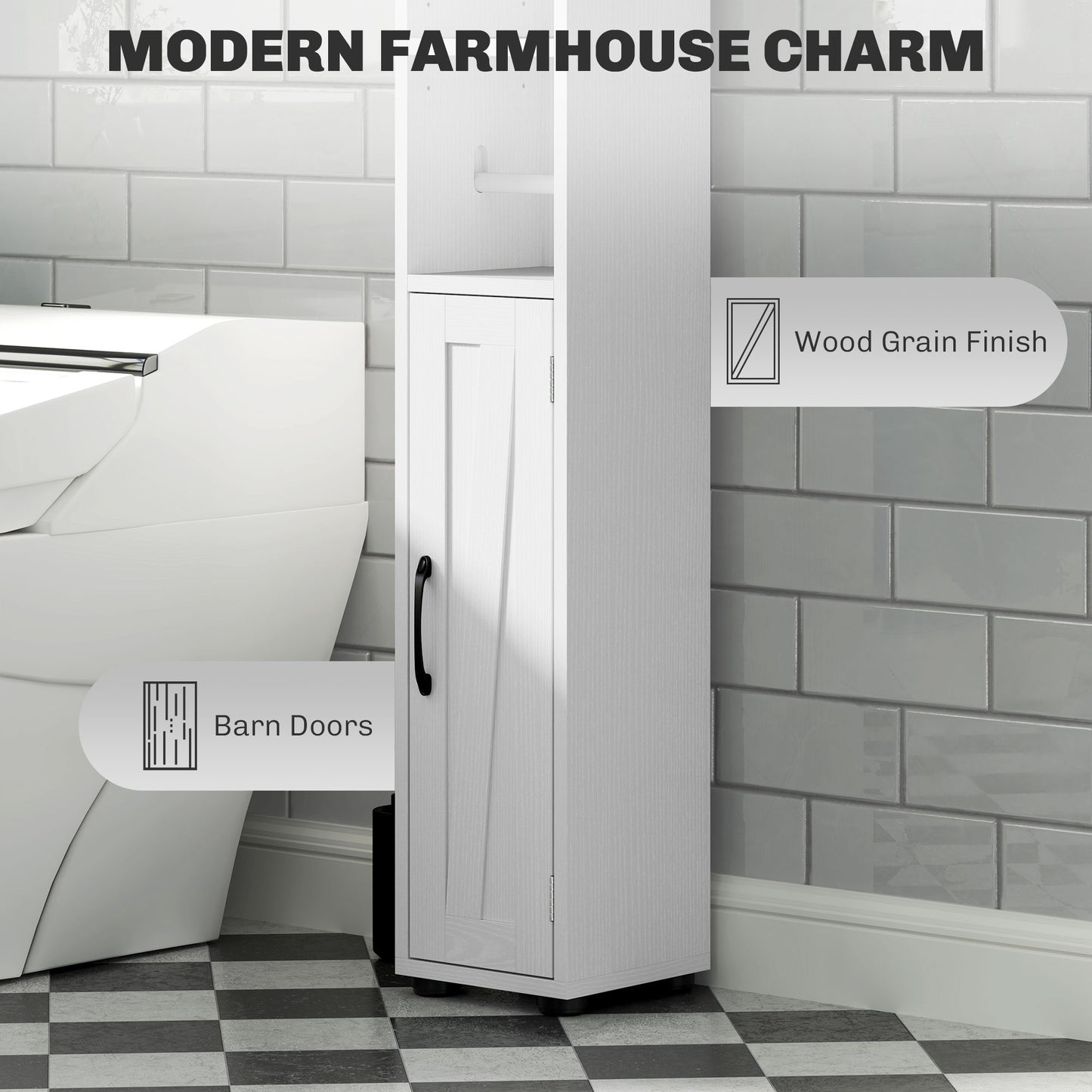 Narrow Bathroom Cabinet, Tall Bathroom Storage Cabinet with Barn Doors, Drawer and Adjustable Shelves, White Wood Grain