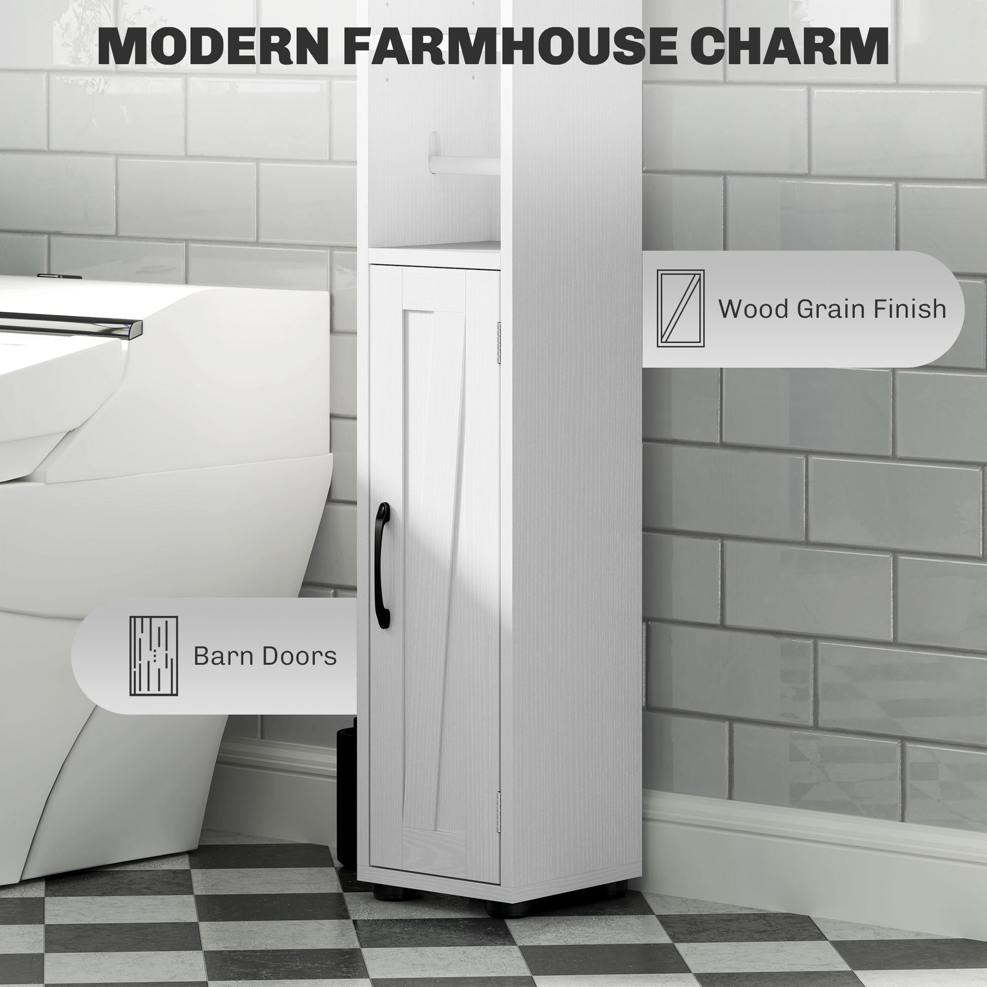 Narrow Bathroom Cabinet, Tall Bathroom Storage Cabinet with Barn Doors, Drawer and Adjustable Shelves, White Wood Grain