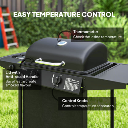 2+1 Burner Propane Gas BBQ Grill, Portable Gas Barbecue Grill with Side Burner, Thermometer, Lid, Side Table, Shelf, Spi