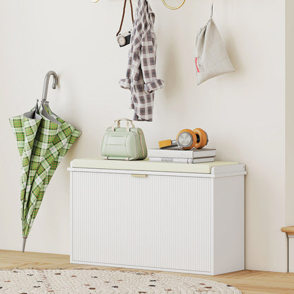 Entryway Bench with Padded Seat and Flip-Drawers, Holds up to 265lbs, Shoe Storage Bench for 8 Pairs of Shoes, White