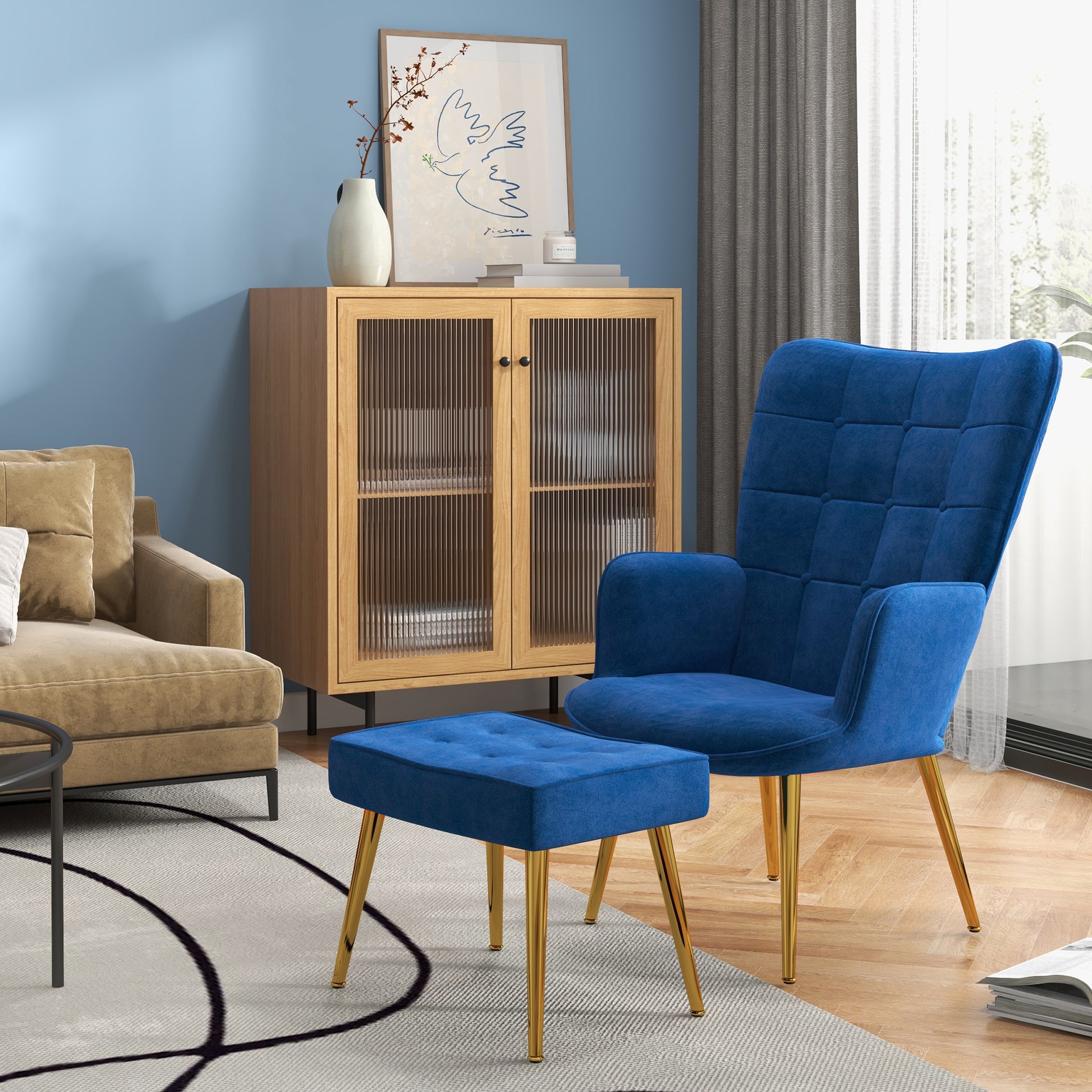 Modern Accent Chair with Ottoman, Upholstered Armchair with Footrest, Gold Metal Legs for Living Room, Bedroom, Dark Blu