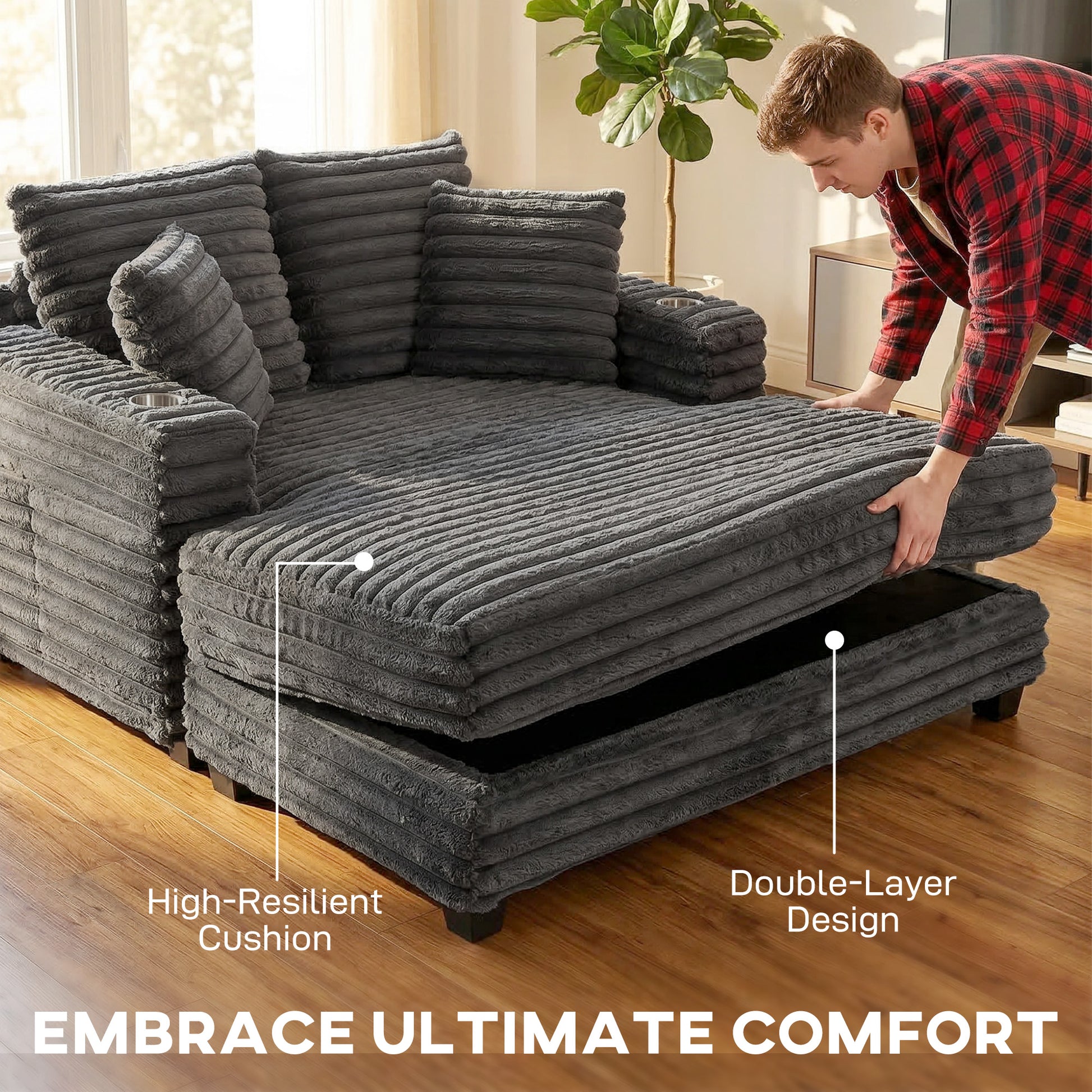 60" Chaise Lounge Chair, Oversized Upholstered Sofa Bed with Cup Holders & Pillows, Sleeper Couch for Living Room, Grey