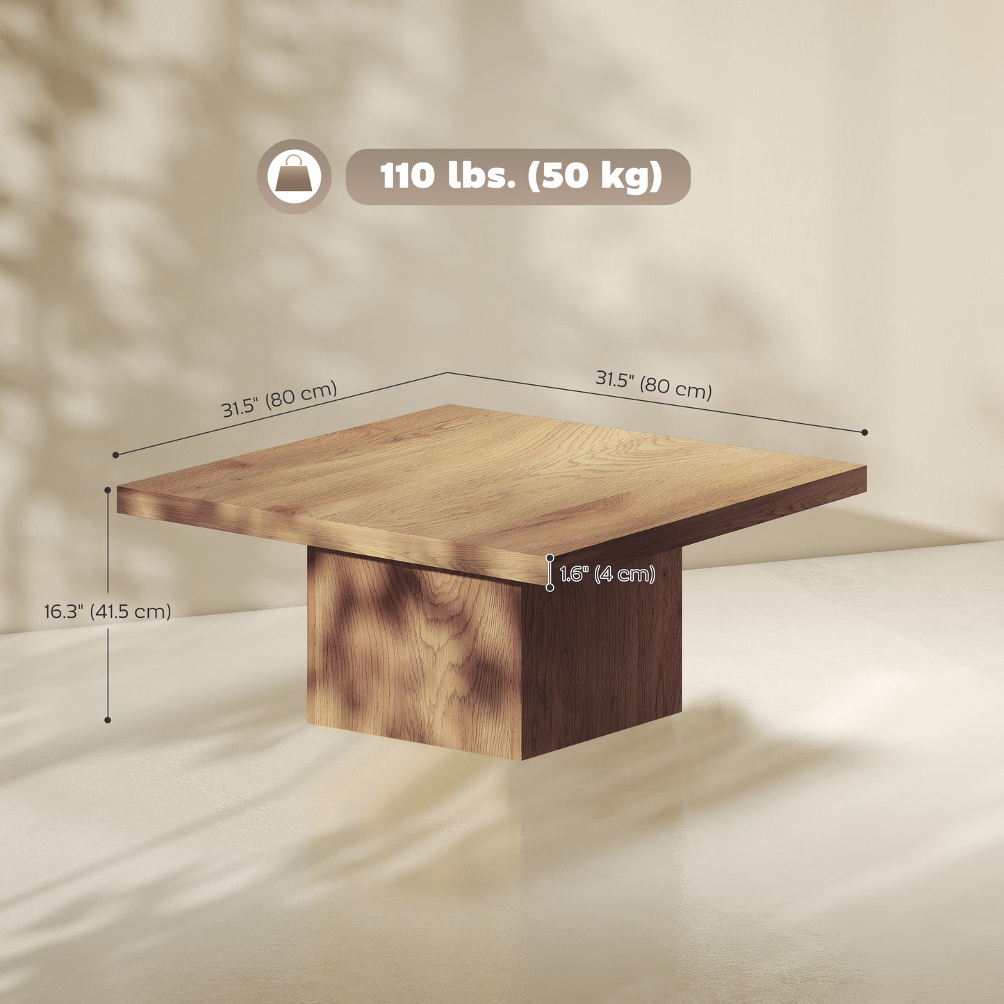 Square Coffee Table, Center Table with 1.6" Thick Tabletop, Natural Wood