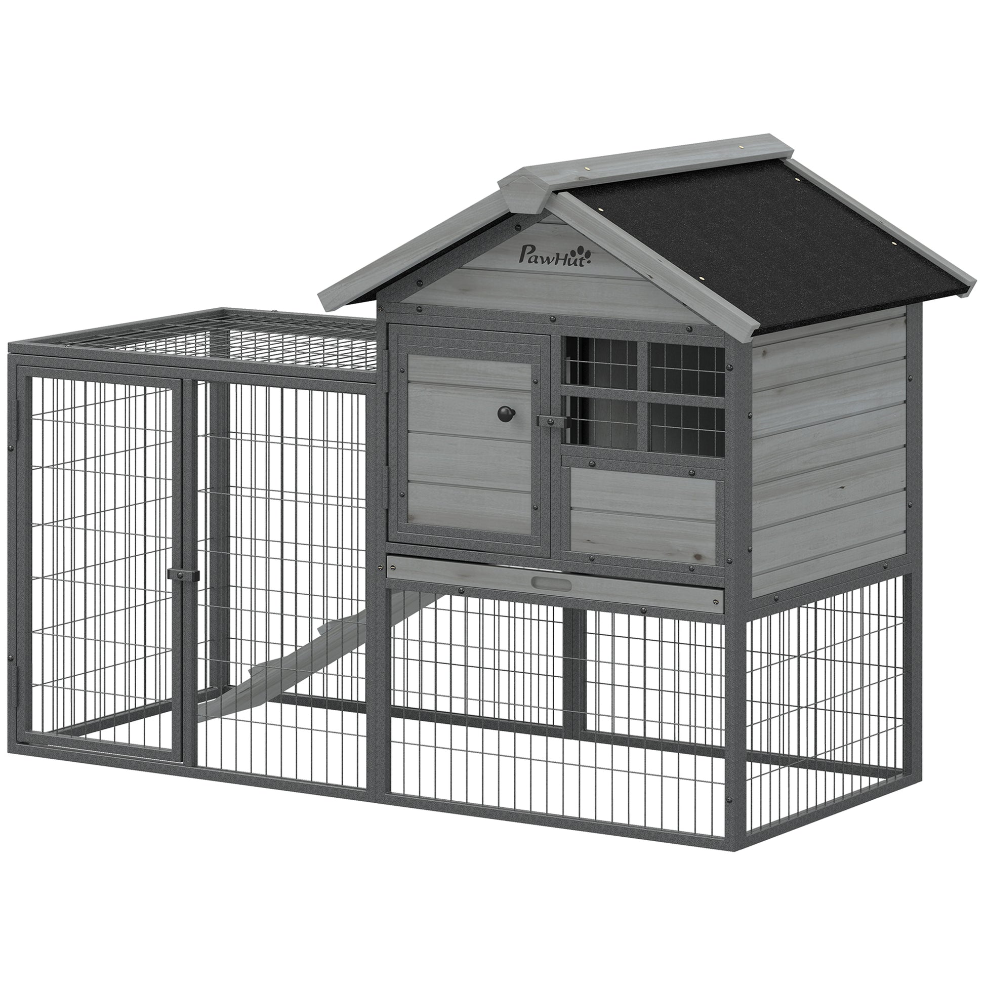 Rabbit Hutch Outdoor, 48"L Large Wooden Bunny Cage with Run, Grey