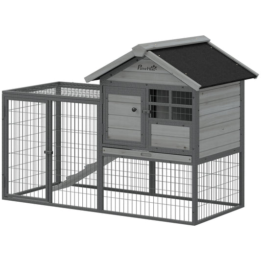 Rabbit Hutch Outdoor, 48"L Large Wooden Bunny Cage with Run, Grey