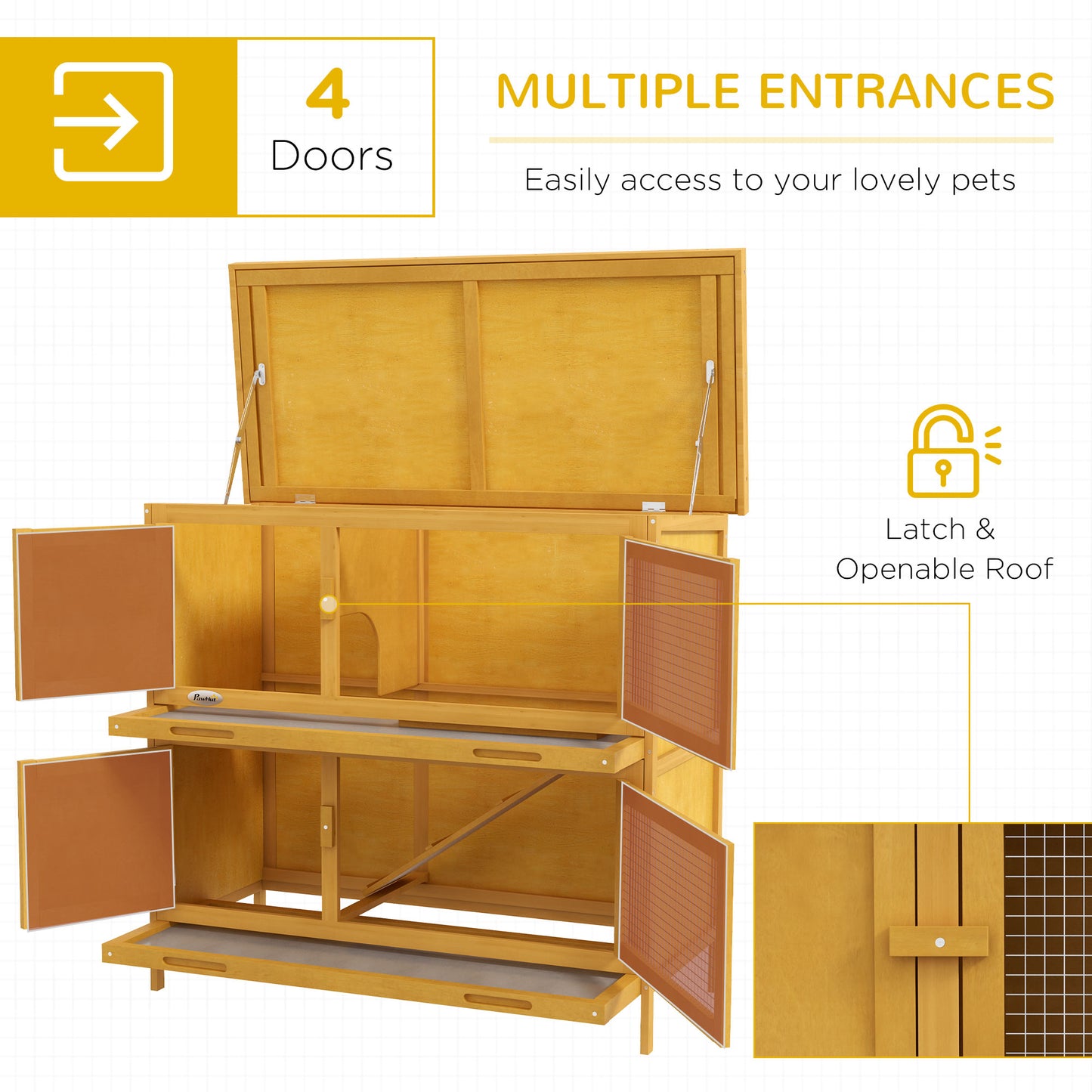 Wood Rabbit Hutch with 2 Large Main House, Ramp, Trays, Yellow