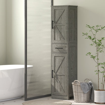 67" Tall Bathroom Cabinet, Narrow Bathroom Storage Cabinet with Drawer, Barn Doors and Adjustable Shelves, Dark Grey