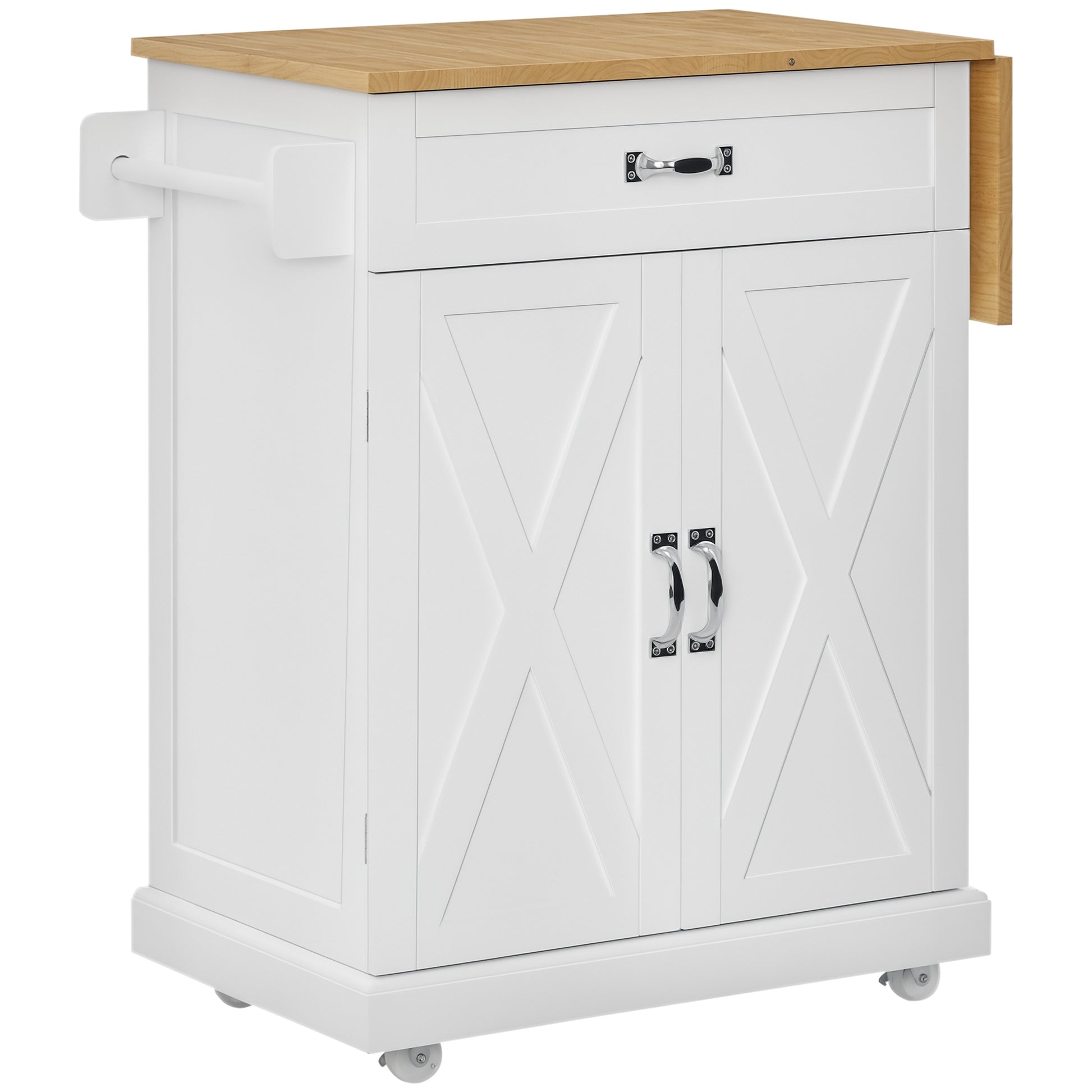 Foldable Kitchen Island with Storage Drawer, Farmhouse Style Rolling Utility Cart, Coffee Bar Cabinet on Wheels with Dro