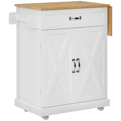 Foldable Kitchen Island with Storage Drawer, Farmhouse Style Rolling Utility Cart, Coffee Bar Cabinet on Wheels with Dro