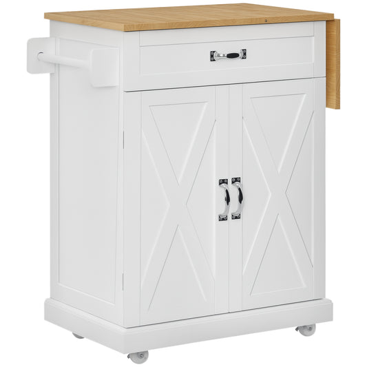 Foldable Kitchen Island with Storage Drawer, Farmhouse Style Rolling Utility Cart, Coffee Bar Cabinet on Wheels with Dro