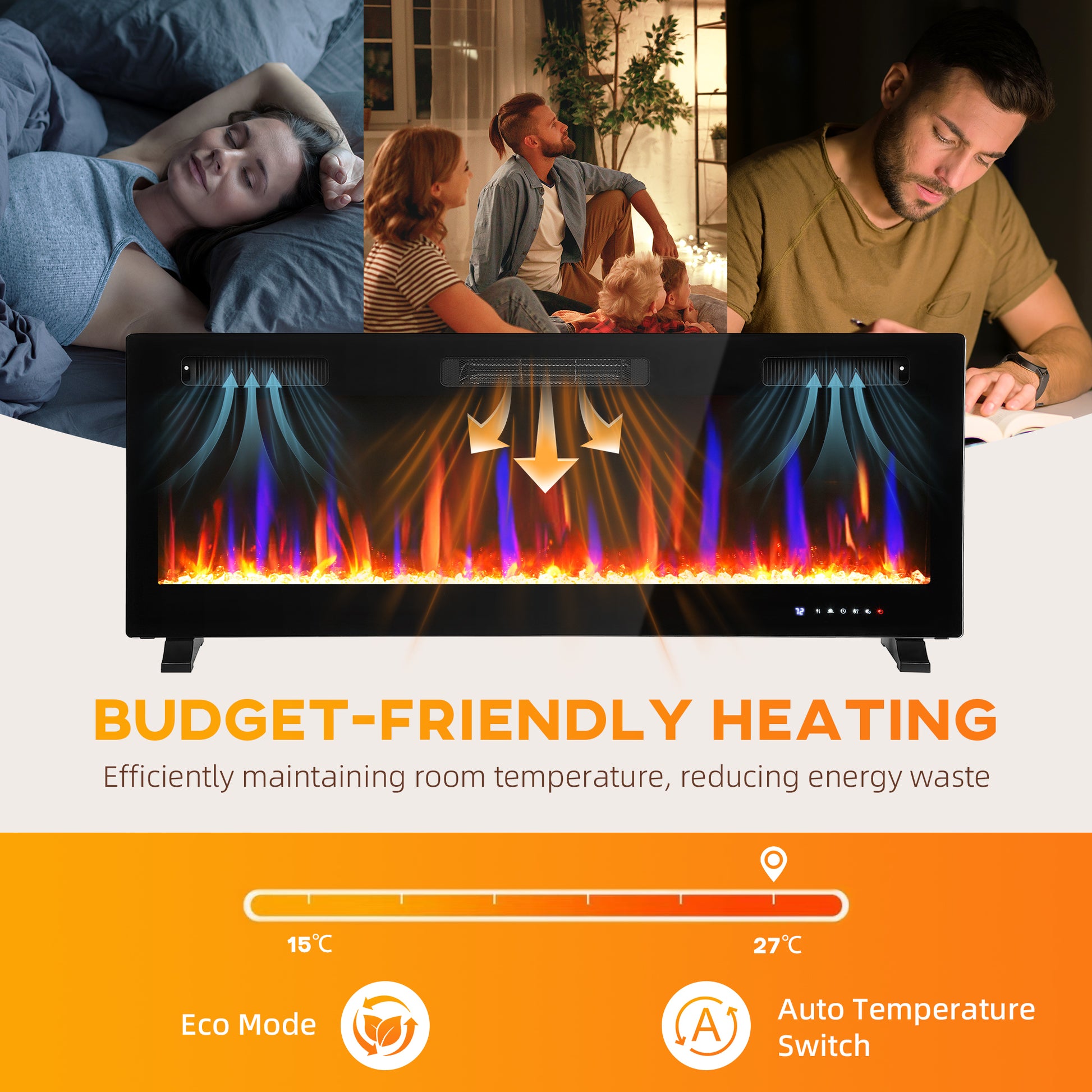 50" Thin Electric Fireplace, Freestanding, Wall Mounted Fireplace Heater with Eco Mode, Auto Switch, Remote, 1500W