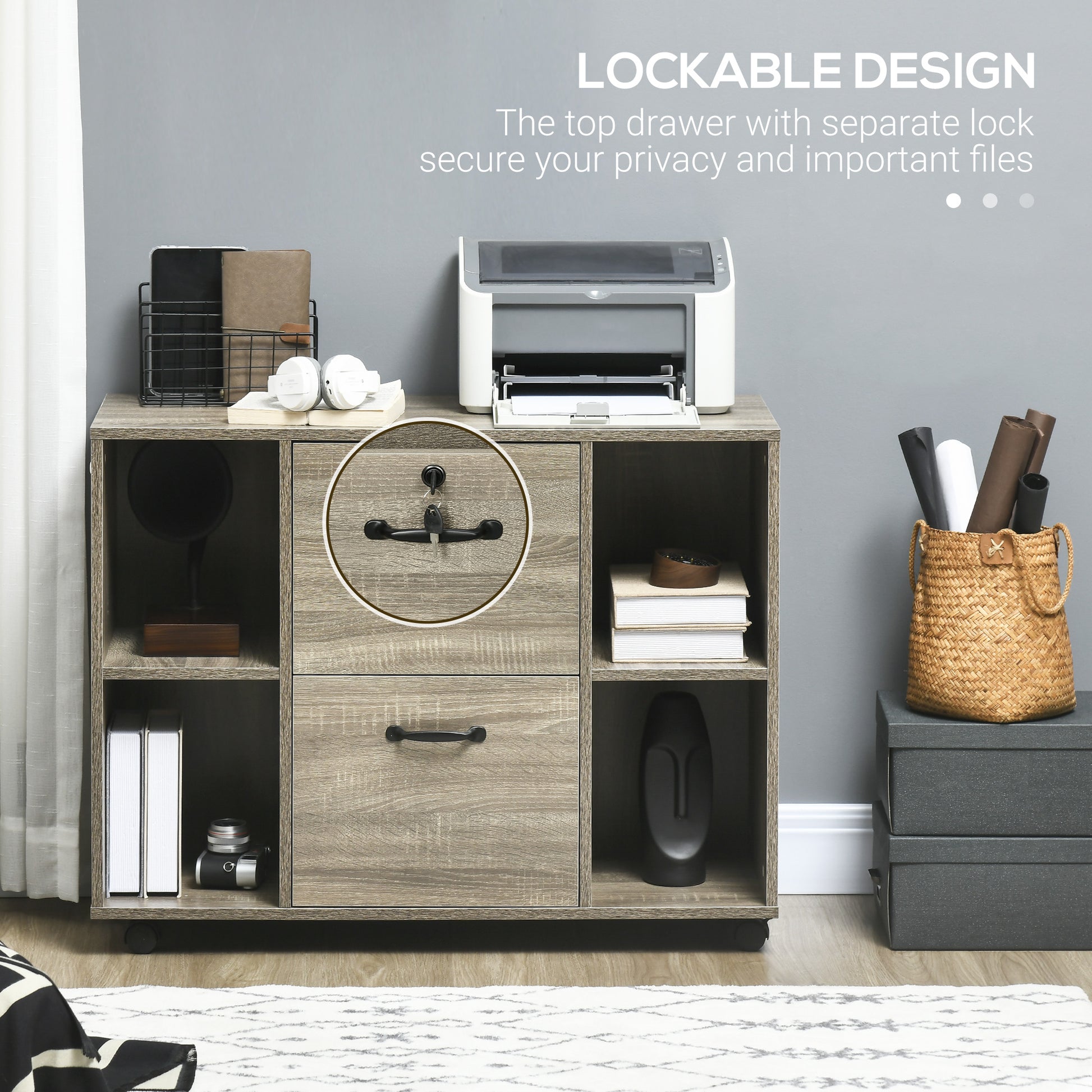 Lateral Filing Cabinet with Wheels and Lockable Drawer, File Cabinet, Mobile Printer Stand with Open Shelves for Letter 