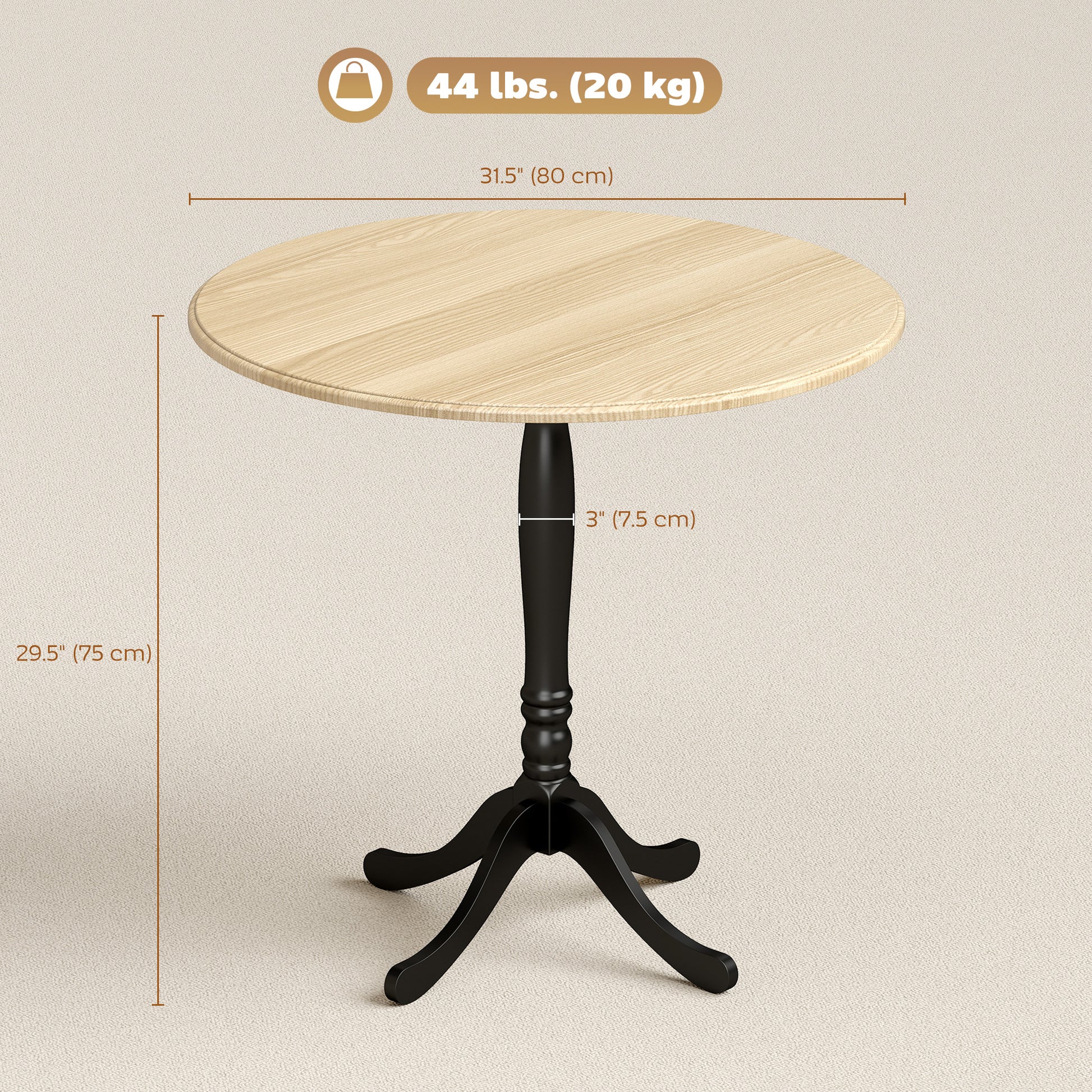 Dining Table for 2-4 People, Modern Round Kitchen Table with Pedestal Steel Base, 80cm, Natural Wood and Black